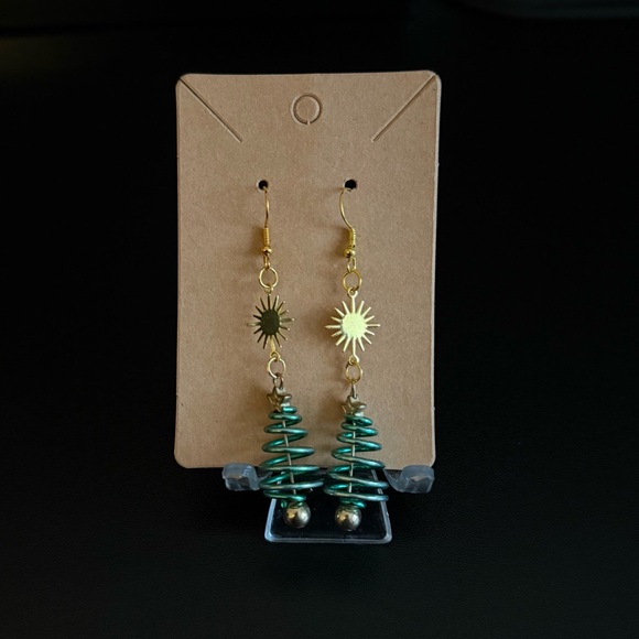 Jewelry - Handmade Gold and Green Spiral Christmas Tree Earrings